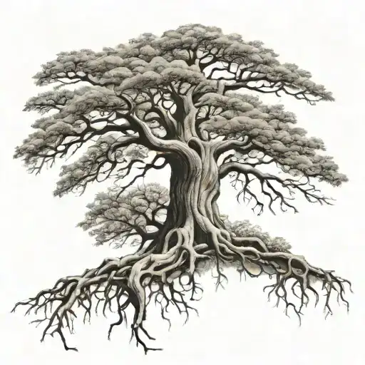 big normal tree with roots in underground, lion face in tree crown look at the right side tattoo design idea
