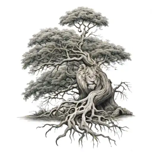 big normal tree with roots in underground, and a lion head in the tree look to the right side tattoo design idea