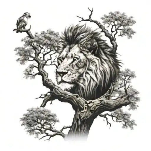 A lion into a big tree with treecrown with a music note incorporated into the design tattoo design idea