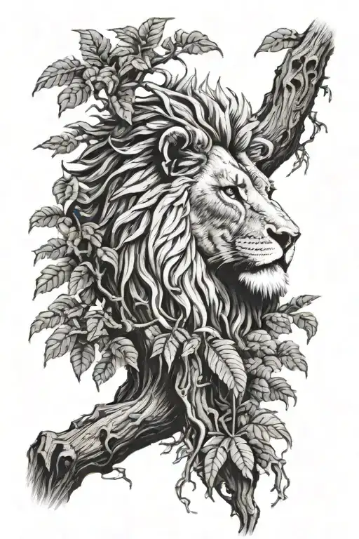 big tree with trunk and inside lion face look to the right side profile, the lion in big tree leaves  tattoo design idea