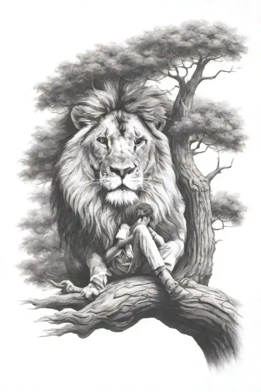little human boy sitting on tree and in the tree crown is a lion face in optical illusion tattoo design idea