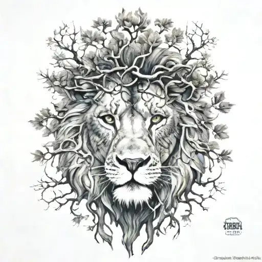 big normal tree with lion face look to the right in tree crown tattoo design idea