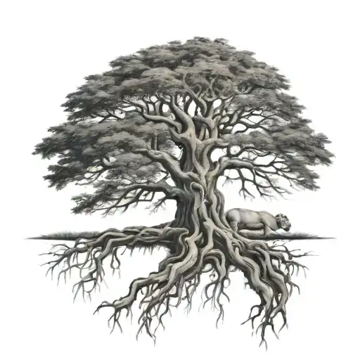 big normal tree with roots in underground, and a lion head in the tree look at the right side tattoo design idea