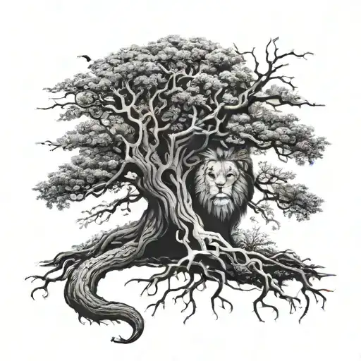 big normal tree with roots in underground, and a lion's face in tree crown look at the right side tattoo design idea