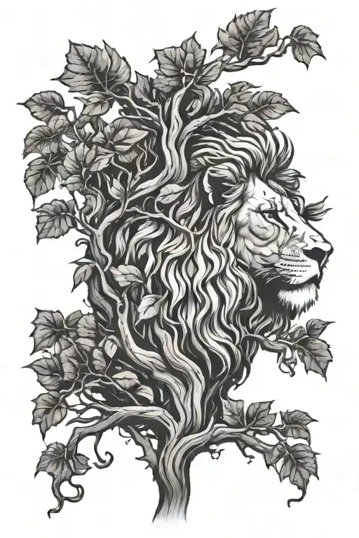 big tree with trunk and inside lion face look to the right side profile, the lion in big tree leaves  tattoo design idea