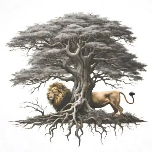 big normal tree with roots in underground, and a lion head in the treecrown look to the right side tattoo design idea