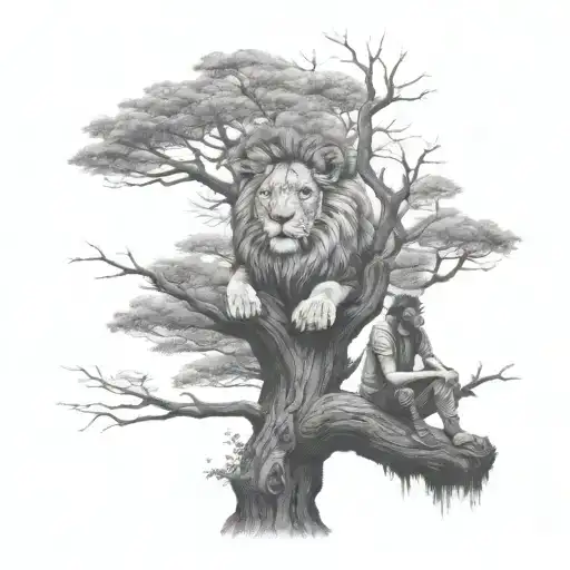 a human man sitting on the branch of a big tree, lions face in the tree crown  tattoo design idea