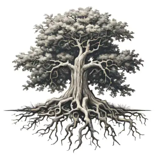 big normal tree with roots growing tattoo design idea