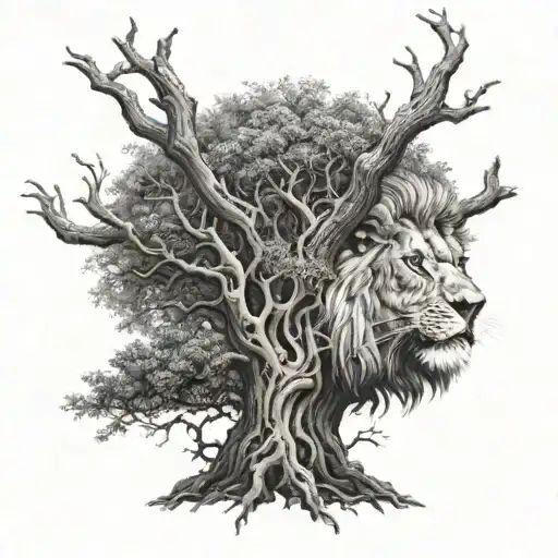 big normal tree with lion face look to the right in tree crown, root of the tree in underground tattoo design idea