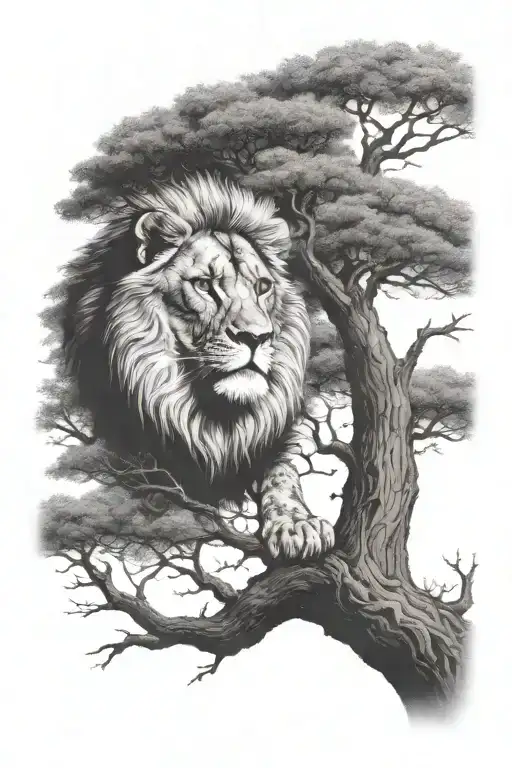 babylion  big tree with big treecrown in optical illusion tattoo design idea