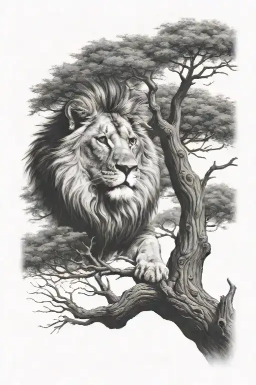 baby lion sitting on a big tree with big treecrown in optical illusion tattoo design idea