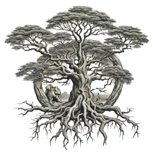 big normal tree with roots growing and lion face in it tattoo design idea