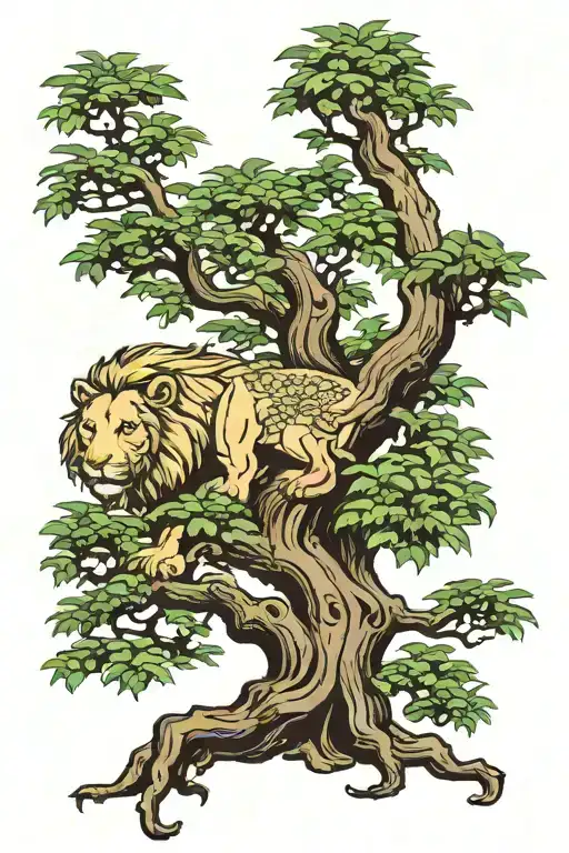 big tree with trunk and inside lion face look to the right side profile, the lion in big tree leaves  tattoo design idea