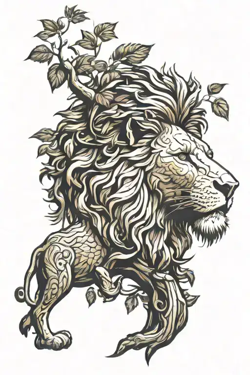 big tree with trunk and inside lion face look to the right side profile, the lion in big tree leaves  tattoo design idea