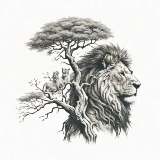 big tree with a human boy sitting on the branch and half face of a lion in the tree crown tattoo design idea