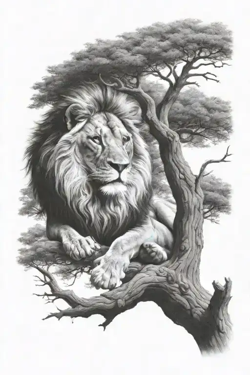 little lion sitting on a big tree with big treecrown in optical illusion tattoo design idea