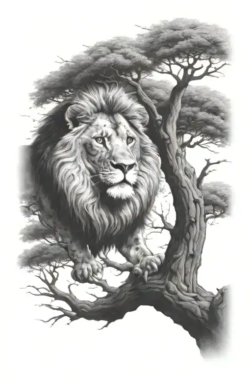babylion in big treecrown in optical illusion growing tattoo design idea