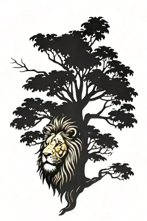 big tree with trunk and inside lion face look to the right side profile, the lion in big tree leaves  tattoo design idea