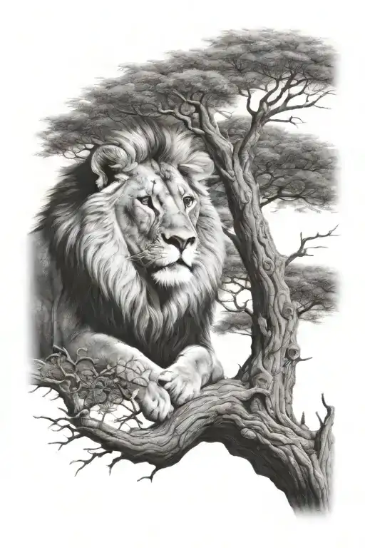 a baby lion sitting on a big tree with big treecrown in optical illusion tattoo design idea