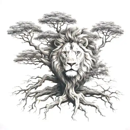 big normal tree with lion face look to the right in tree crown tattoo design idea