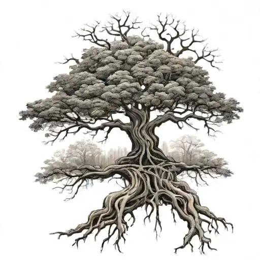 big normal tree with roots in underground, lion face in tree crown look at the right side tattoo design idea