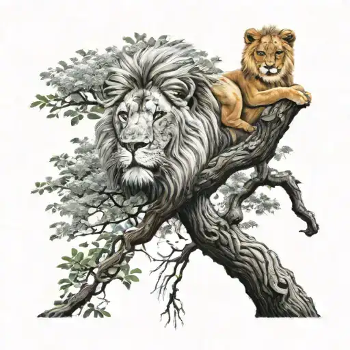 big tree with lion face in optical illusion, little boy is sitting on branch tattoo design idea