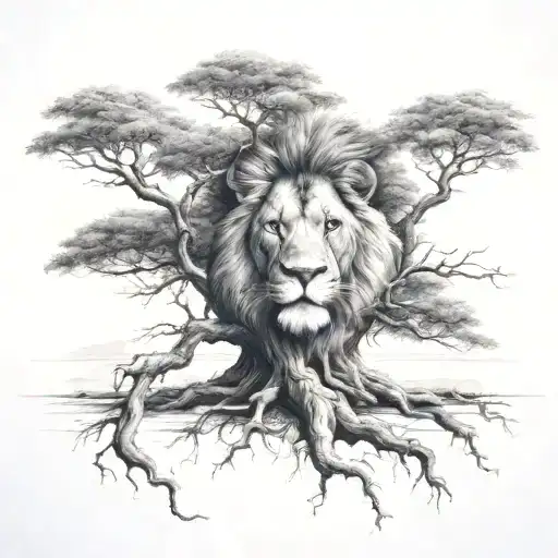 big normal tree with lion face in tree crown tattoo design idea