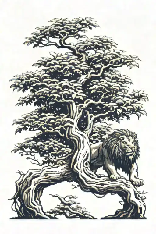big tree with trunk and inside lion face look to the right side profile, the lion in big tree leaves  tattoo design idea