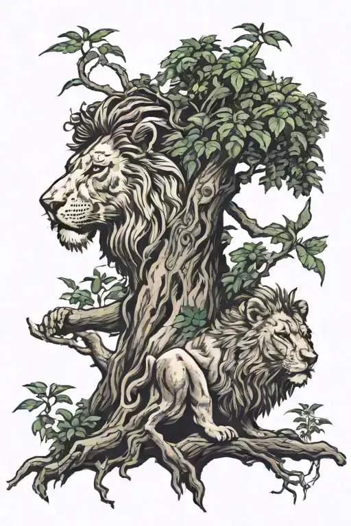 big tree with trunk and inside lion face look to the right side profile, the lion in big tree leaves  tattoo design idea