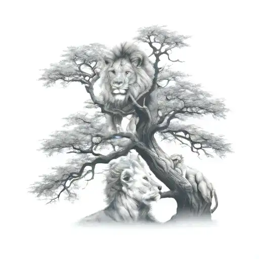 big tree with a boy sitting on the branch and half face of a baby lion in the tree crown tattoo design idea