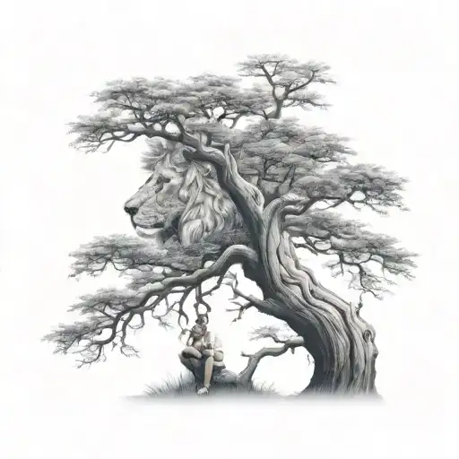 big tree with a boy sitting on the branch and half face of a lion in the tree crown tattoo design idea
