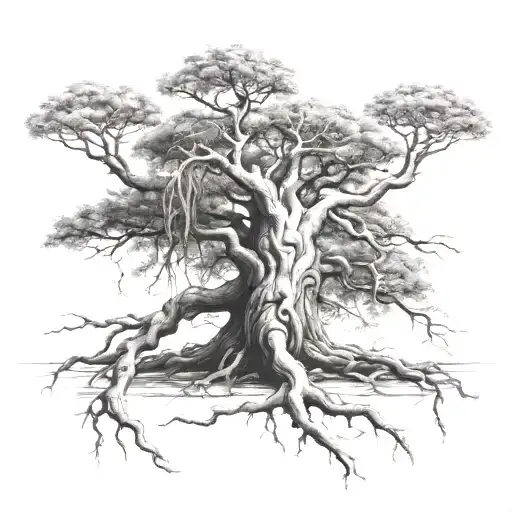 big normal tree with roots growing and little boy sitting on branch tattoo design idea