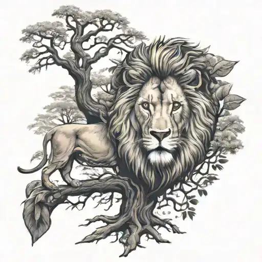 lion tree growing optical illusion tattoo design idea