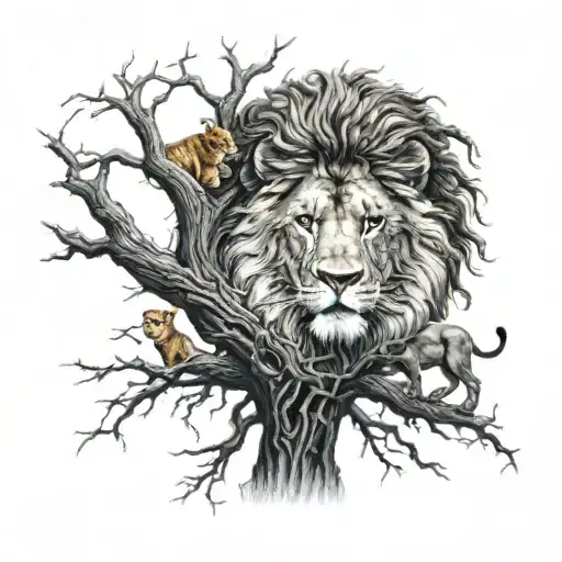 one normal tree with a big treecrown and a lion in the crown  tattoo design idea