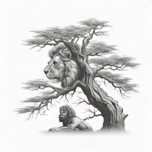 big tree with a boy sitting on the branch and half face of a lion in the tree crown tattoo design idea