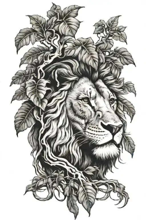 big tree with trunk and inside lion face look to the right side profile, the lion in big tree leaves  tattoo design idea
