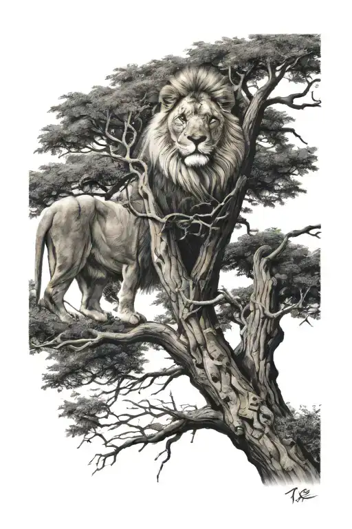big tree with Lion Face Look To The Right Side View in the treecrown plus a human sit somewhere on branch of the tree tattoo design idea