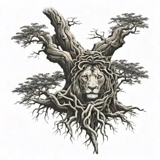 big normal tree with roots in underground, lion face in tree crown look at the right side tattoo design idea