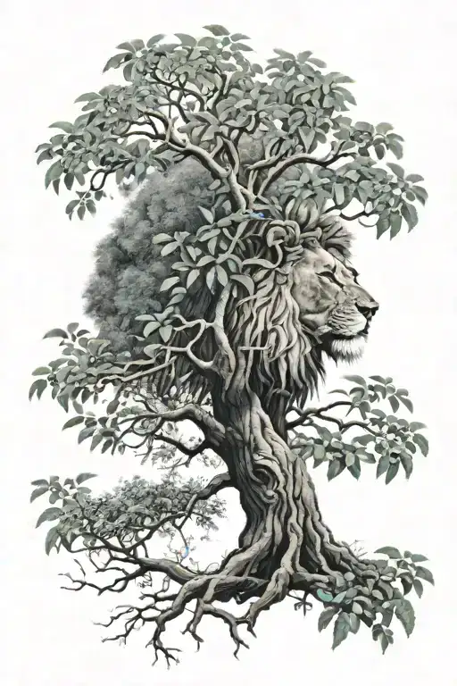 big tree with trunk and inside lion face look to the right side profile, the lion in big tree leaves  tattoo design idea