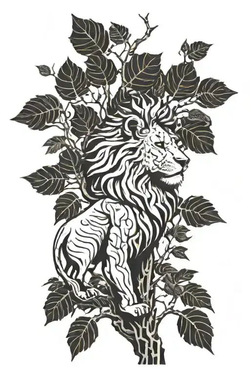 big tree with trunk and inside lion face look to the right side profile, the lion in big tree leaves  tattoo design idea