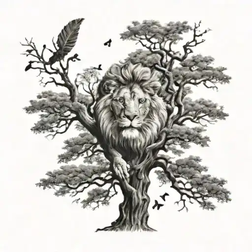 A lion into a big tree with treecrown with a music note incorporated into the design tattoo design idea