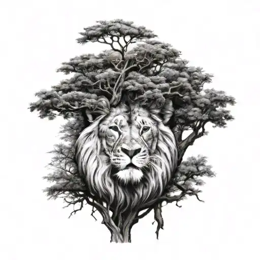 big tree and the tree crown is a face of a small lion head tattoo design idea