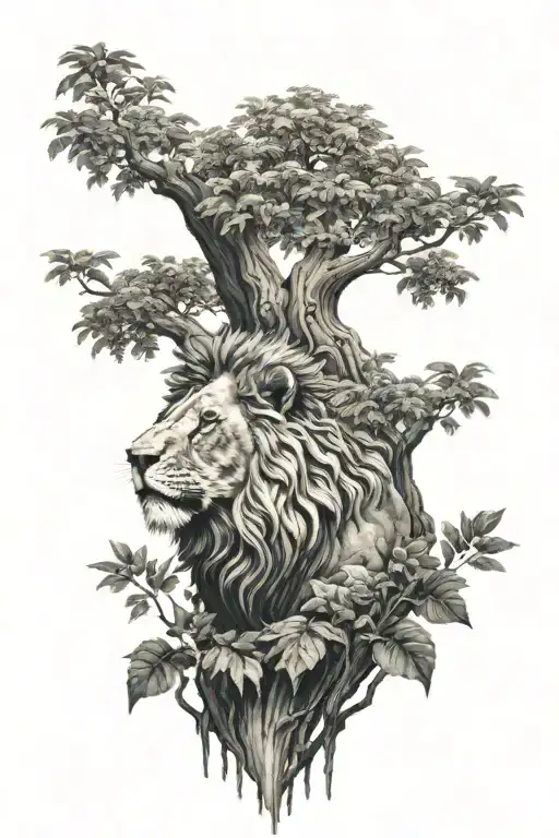 big tree with trunk and inside lion face look to the right side profile, the lion in big tree leaves  tattoo design idea