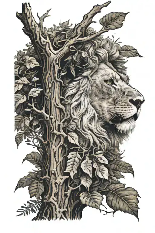 big tree with trunk and inside lion face look to the right side profile, the lion in big tree leaves  tattoo design idea