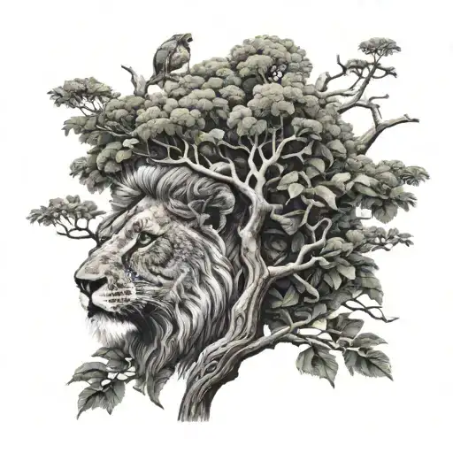 big tree and the tree crown is a face of a small lion head tattoo design idea