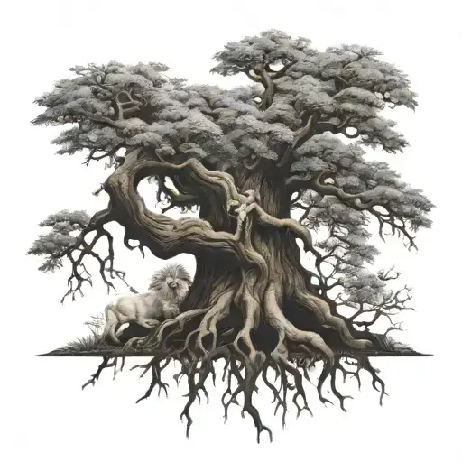 big normal tree with roots in underground, and a lion head in the treecrown look to the right side tattoo design idea