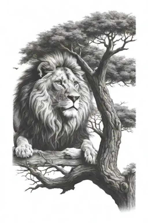 a young lion sitting on a big tree with big treecrown in optical illusion tattoo design idea