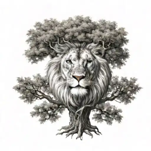 big tree and the tree crown is a face of a small lion head tattoo design idea