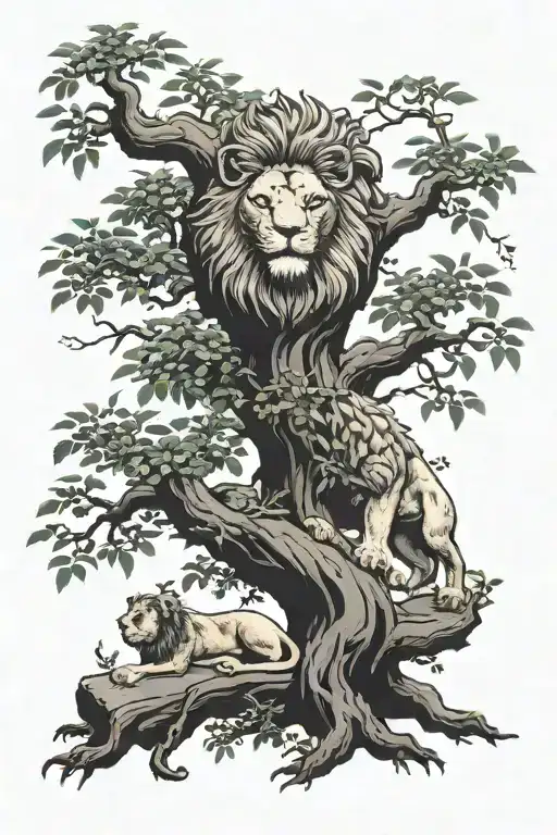 big tree with trunk and inside lion face look to the right side profile, the lion in big tree leaves  tattoo design idea