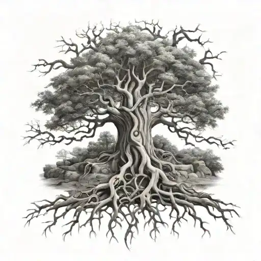 big normal tree with roots in underground, lion face in tree crown look at the right side tattoo design idea